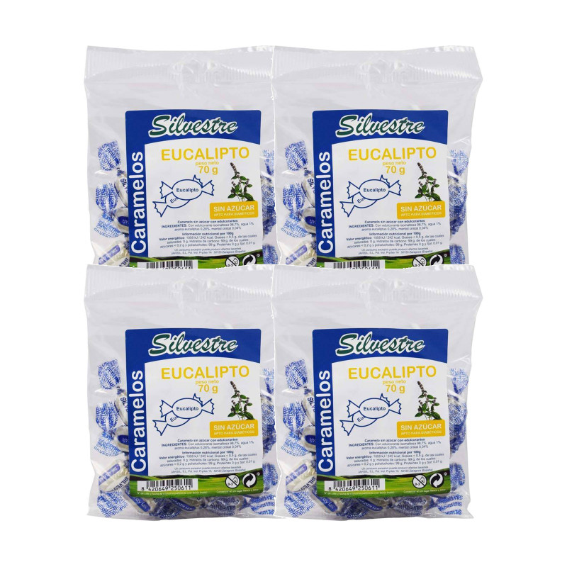 Silvestre Caramelos sin Azúcar de Eucalipto 70 g - Pack de 4 bolsas (280 g)