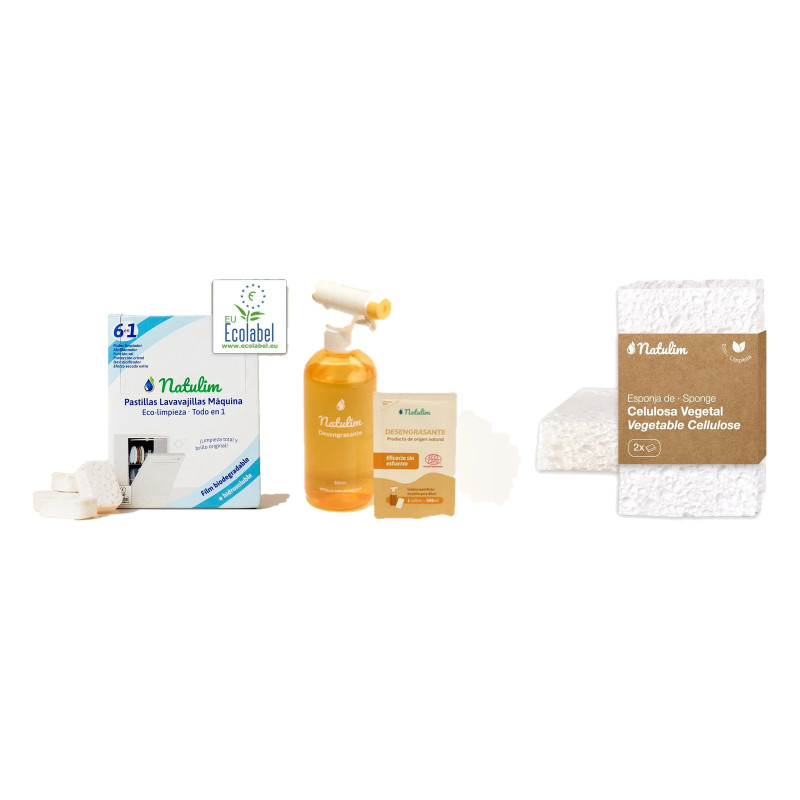 Kit Cocina: Pastillas Lavavajillas + Desengrasante Spray + Esponjas - Natulim