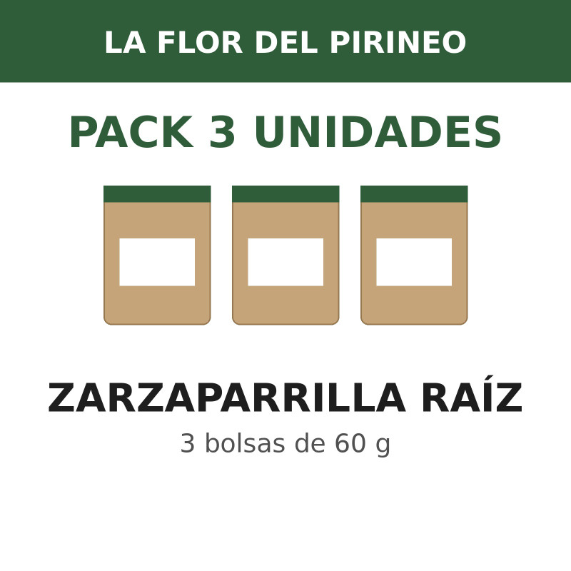 La Flor del Pirineo Zarzaparrilla raíz 60 g - Pack de 3 bolsas (180 g en total)