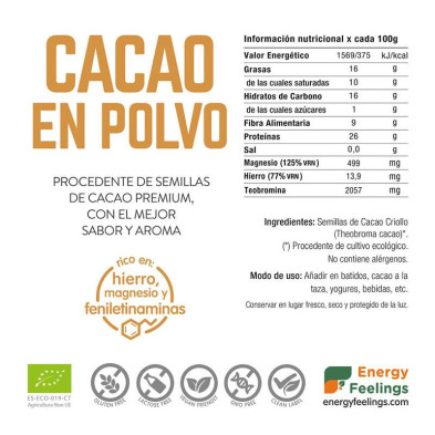 Cacao Eco Polvo 200g - Energy Feelings