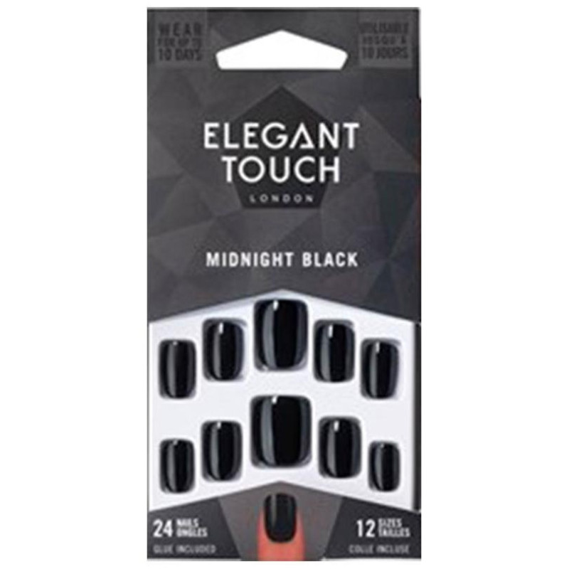 Elegant Touch Core Colour Nails With Glue Squoval Midnight Black 24Uds