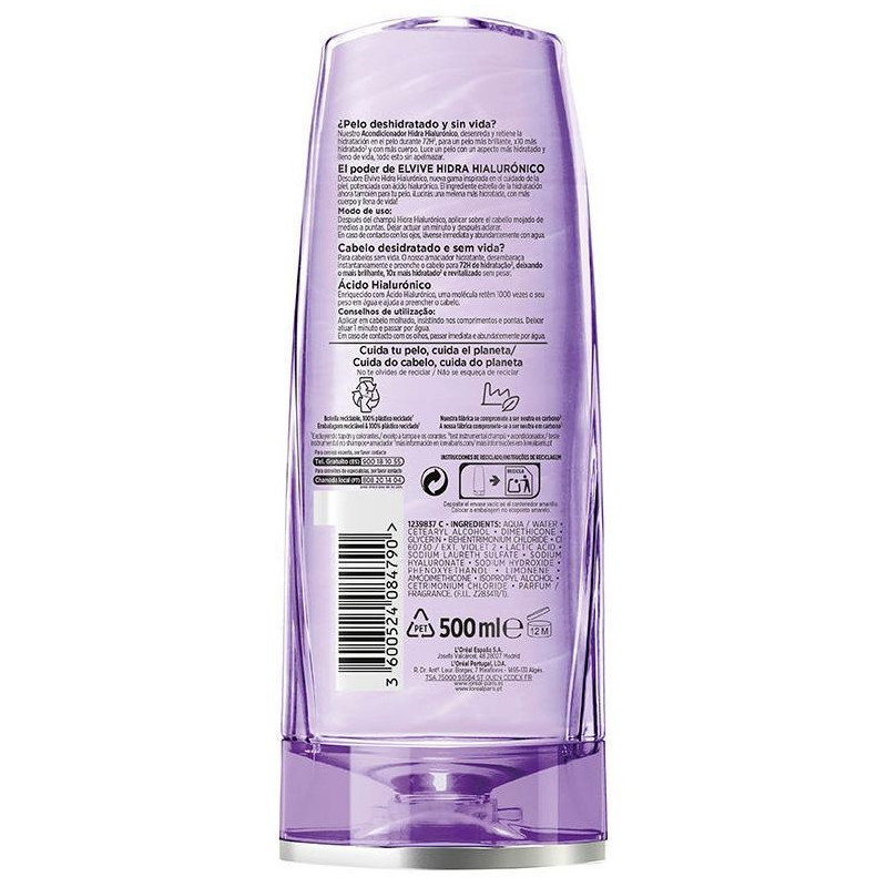 L'Oréal Elvive Hidra Hialurónico Acondicionador 72H Hidratación 500Ml